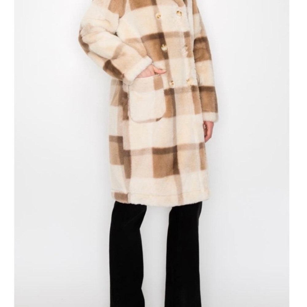 MelloDay buffalo plaid faux fur Coat